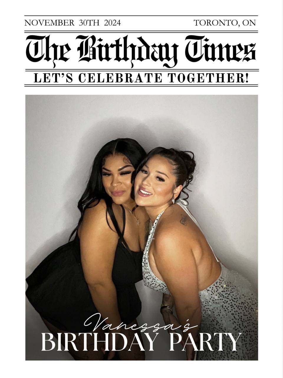 Two guests celebrating together in a personalized birthday photo booth keepsake